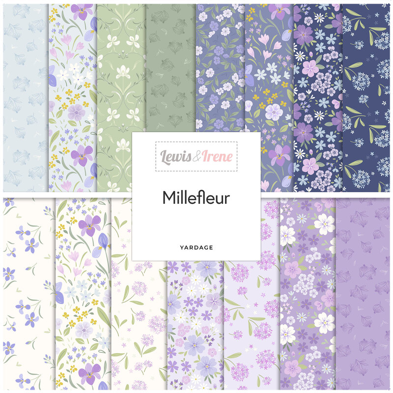 Collage of fabrics from the Millefleur collection featuring floral prints in hues of blue, green, purple, and white.
