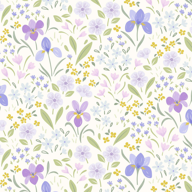purple, blue, and yellow florals with green stems and leaves on a white background.