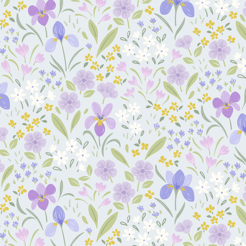 purple, blue, and yellow florals with green stems and leaves on a pale blue background.