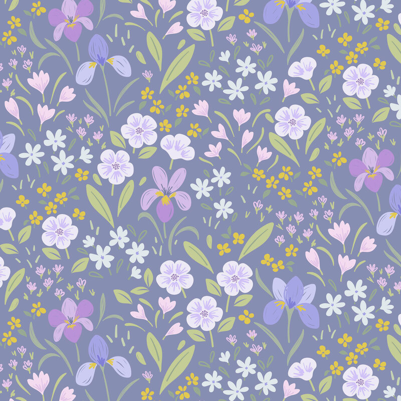 purple, blue, and yellow florals with green stems and leaves on a muted purple gray background.
