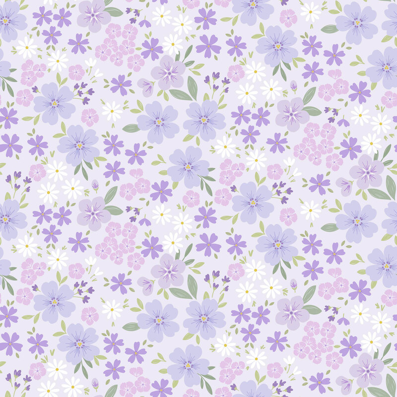 stylized purple, blue, and white florals with green leaves on a pastel purple background.