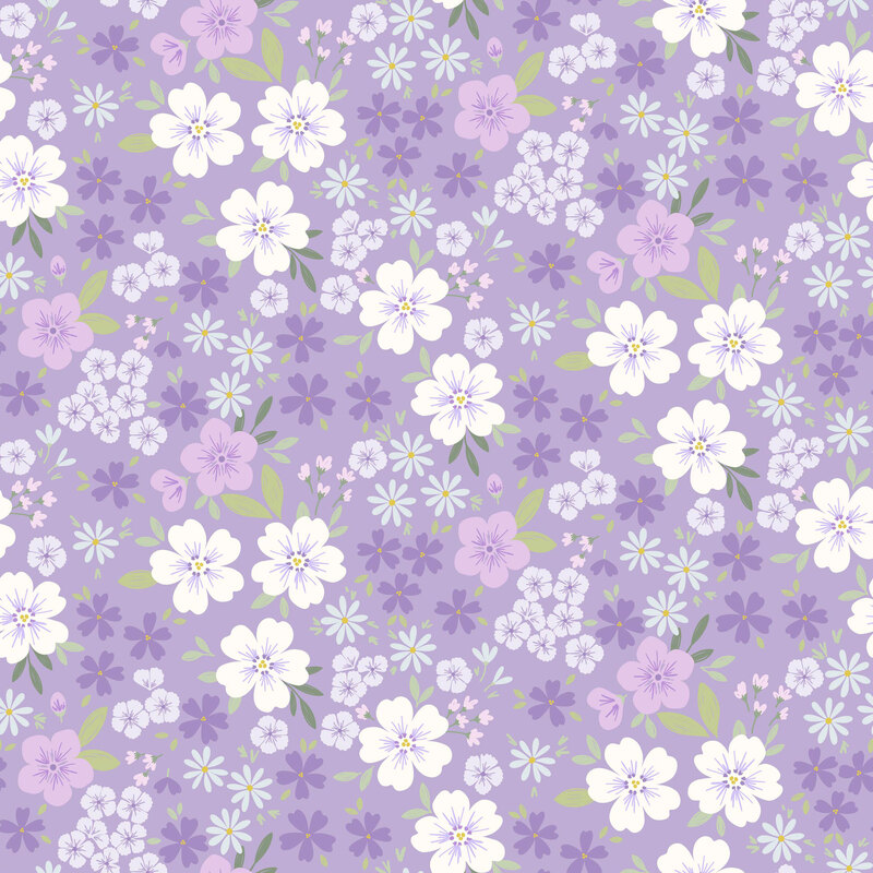 stylized purple, blue, and white florals with green leaves on a heather purple background.
