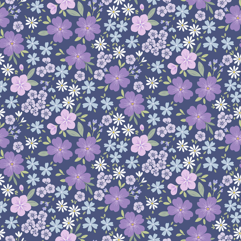 stylized purple, blue, and white florals with green leaves on a dark slate blue background.