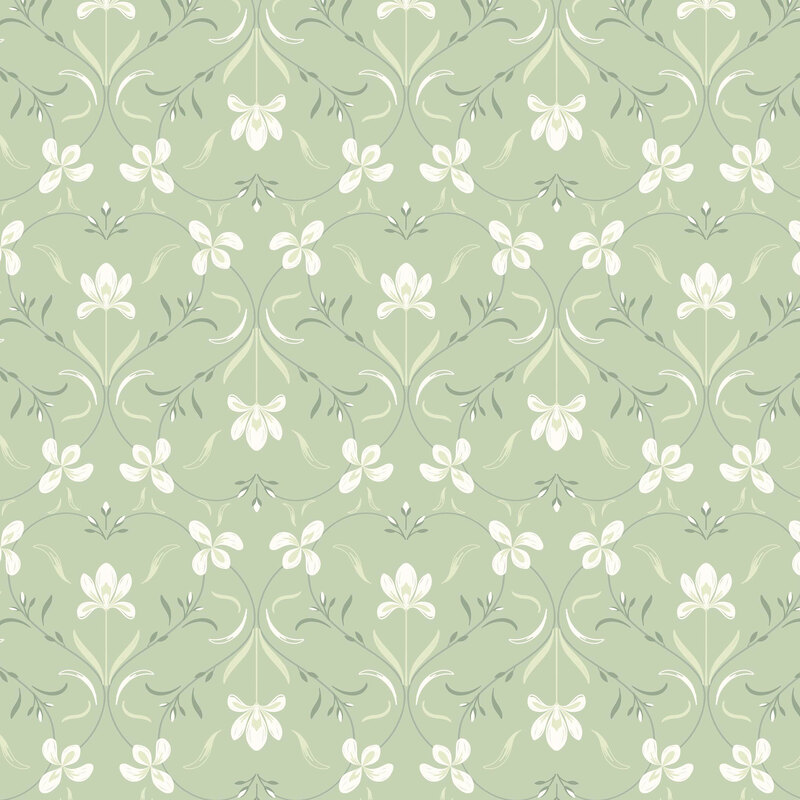 white and green floral damask print on a light sage green background.