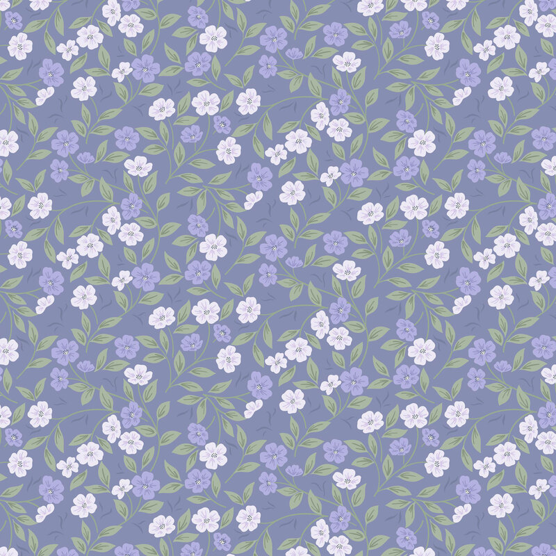purple and white pansy florals accented by green vines on a dark slate blue background.