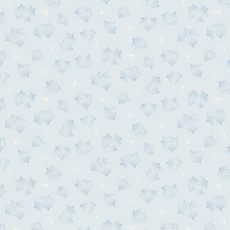 blue floral sprigs and white tossed leaves scattered across a pale blue background.