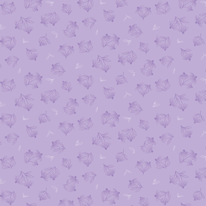 purple floral sprigs and white tossed leaves scattered across a pale amethyst background.