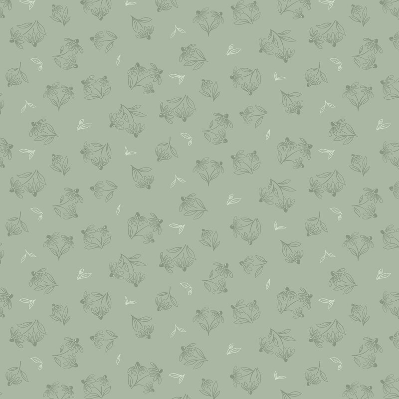 green floral sprigs and white tossed leaves scattered across a pale sage green background.