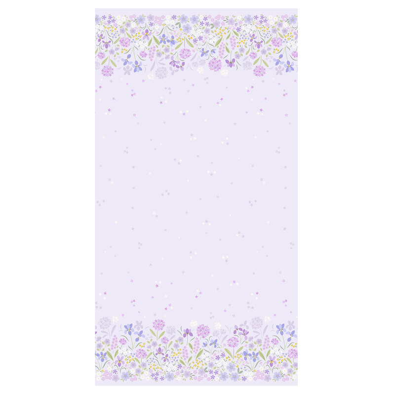 lavender fabric featuring star clusters framed by purple, blue, white, and yellow floral borders