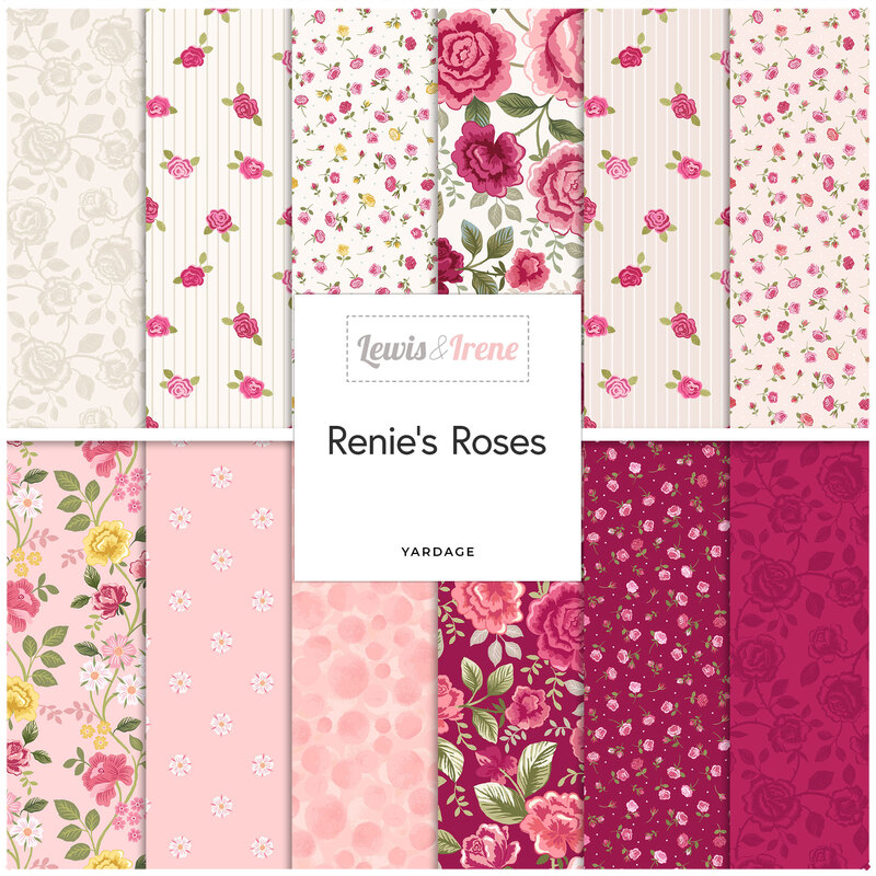 Collage of the available yardage fabrics from the Renie's Roses fabric collection full of roses scattered and tossed on cream and pink backgrounds.