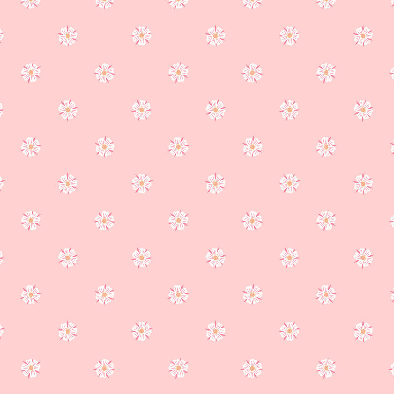 Soft pink fabric with a staggered grid of white floral blooms.