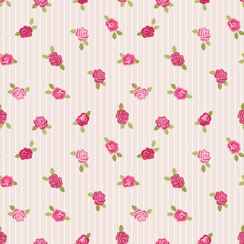 Soft beige fabric with a vintage design of vertical cream stripes layered with painted pink roses.