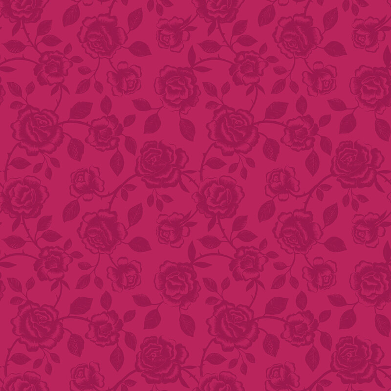 Raspberry fabric with dark raspberry roses and vines across the top.