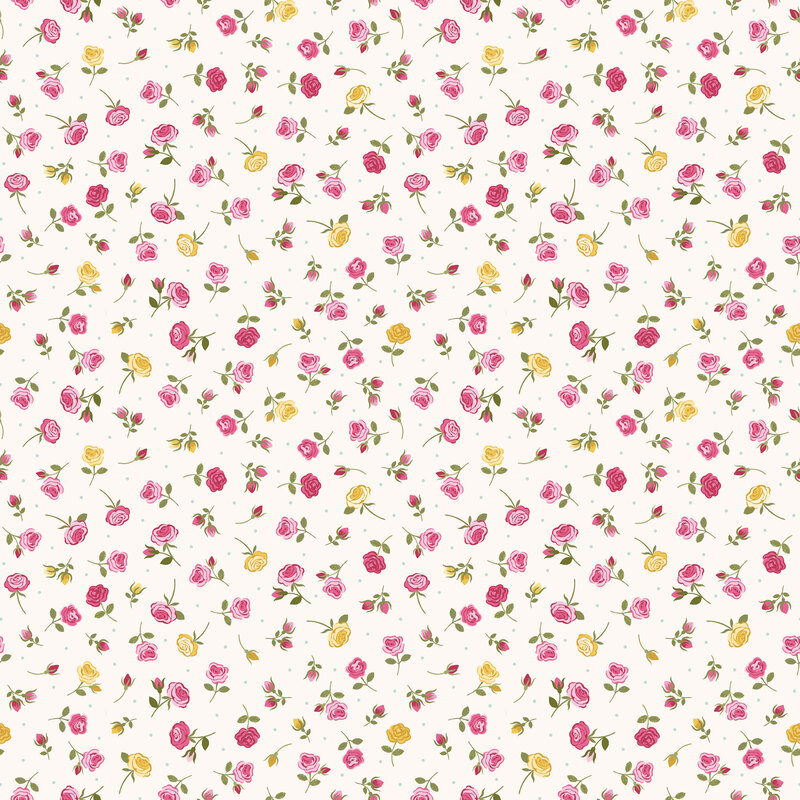 Cream fabric with tossed dots and pink and yellow roses.
