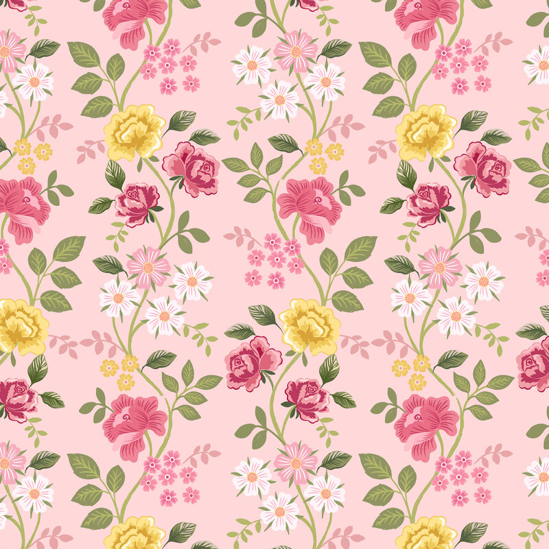 Light pink fabric with a medley of roses and florals on green-tone vines.