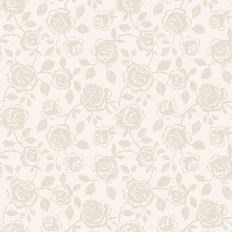 Cream fabric with greige roses and vines across the top.