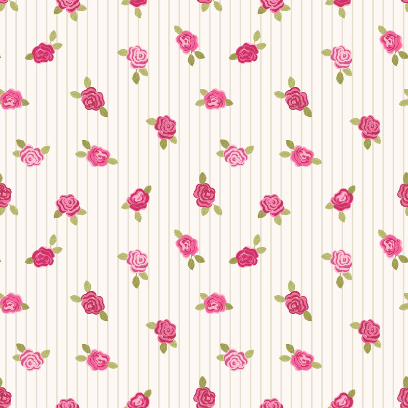 Cream fabric with a vintage design of vertical tan stripes layered with painted pink roses.