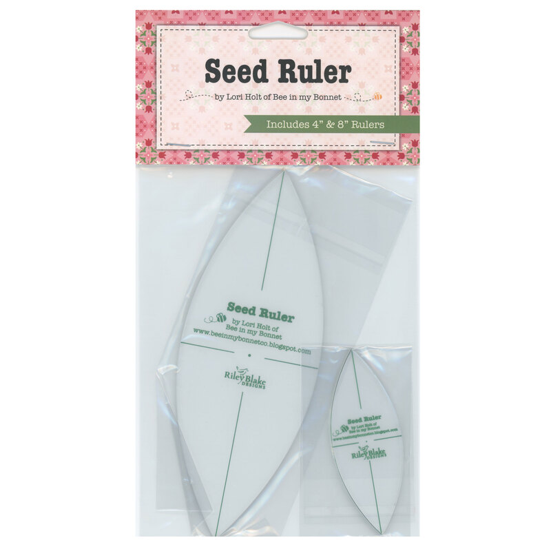 The Lori Holt Seed Ruler in it packaging and isolated on a white background. 
