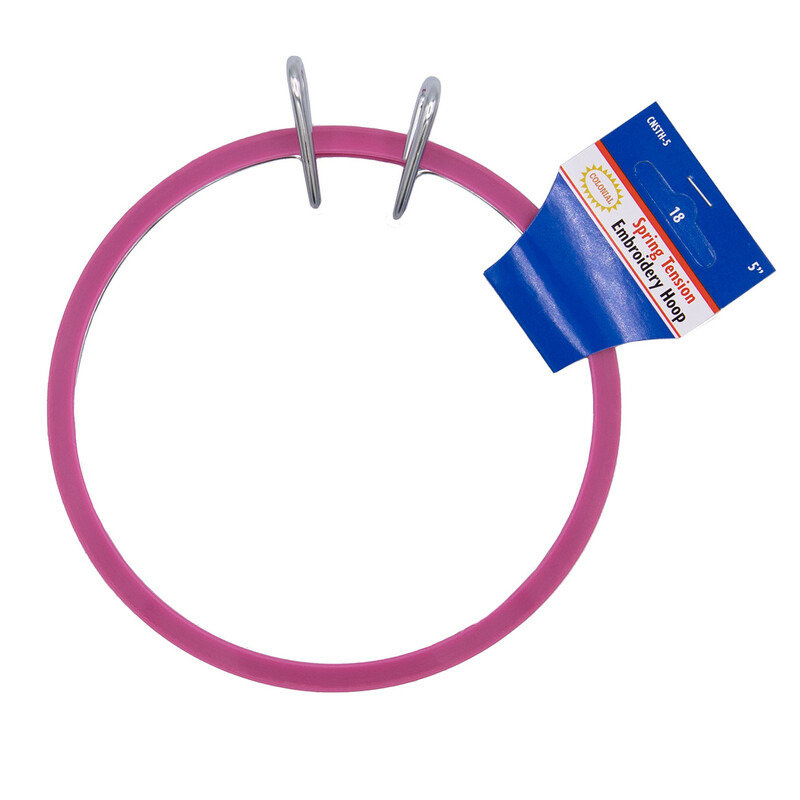 Image of pink plastic spring tension hoop with metal insert on a white background