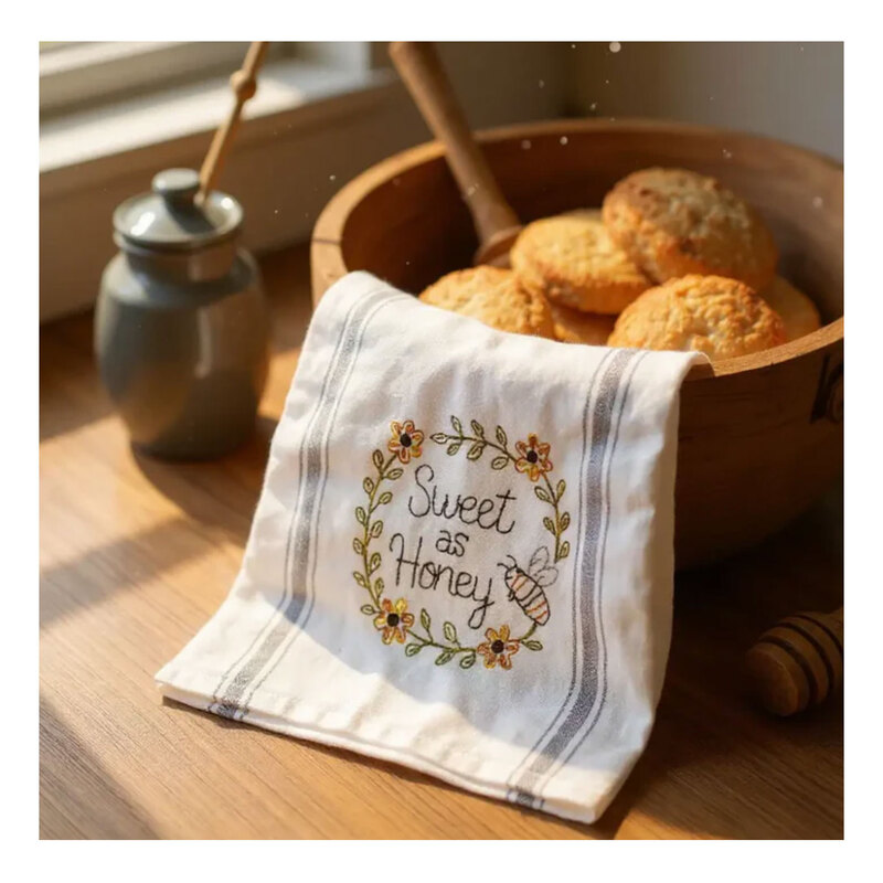 A decorative kitchen towel featuring a honeybee.