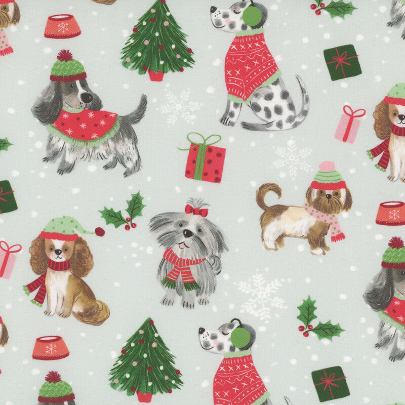 Holiday-themed pattern featuring dogs in festive attire, trees, gifts, and candy canes.