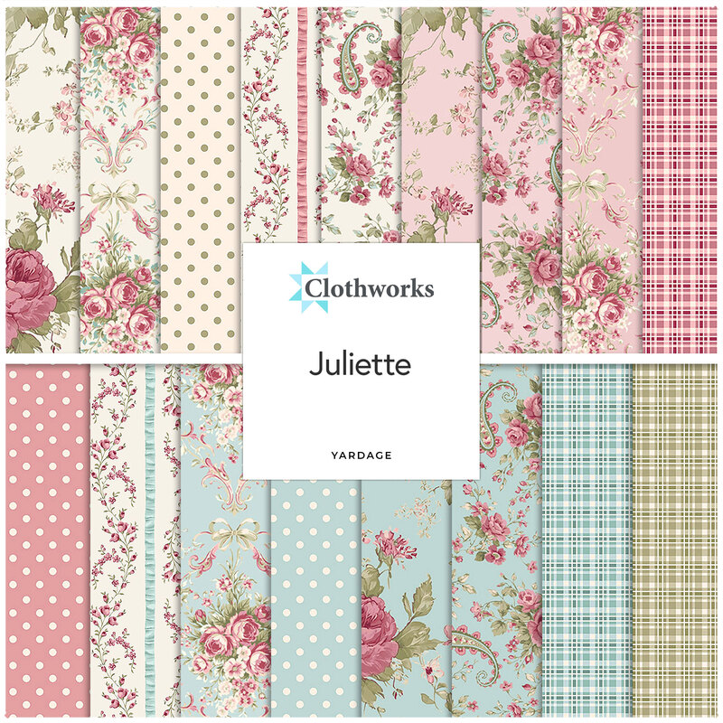 Collage of the available floral yardage fabrics from the Juliet fabric collection.
