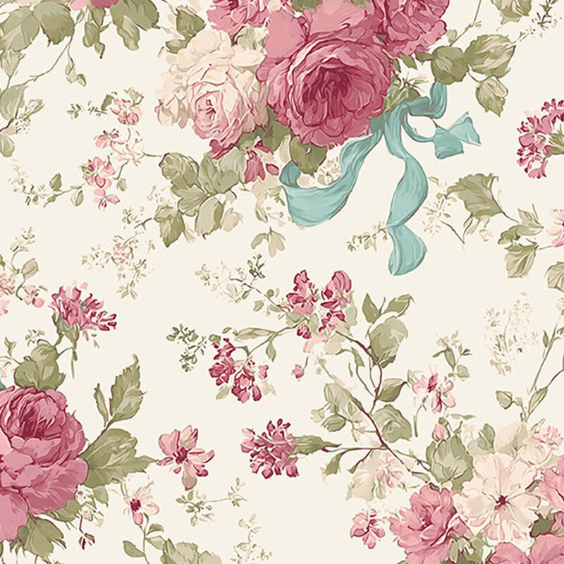 Cream fabric with a medley of scattered rose bouquets tied together with light blue ribbons.