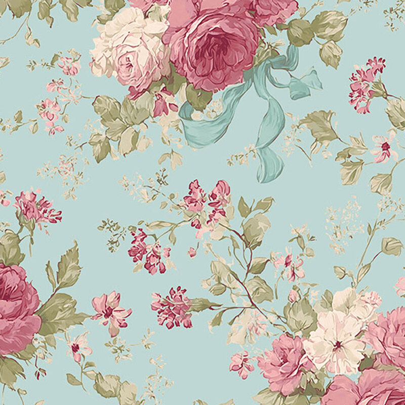 Light teal fabric with a medley of scattered rose bouquets tied together with light blue ribbons. 