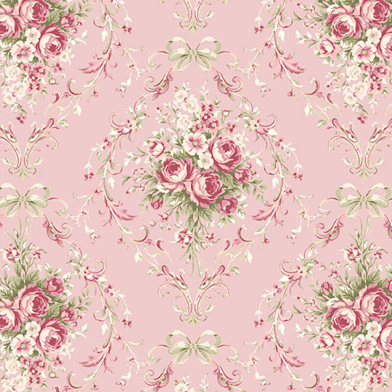 Soft pink fabric with a damask pattern of pink and white roses topped with cream-colored bows.