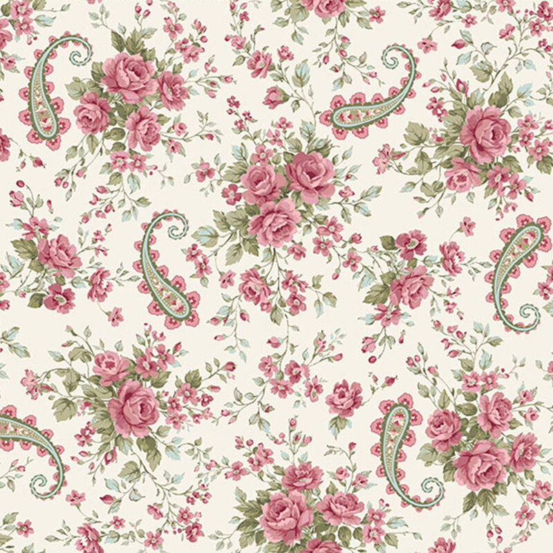 Cream fabric with scattered bunches of budding roses separated by floral green paisley designs, great for adding dimension to a quilt.