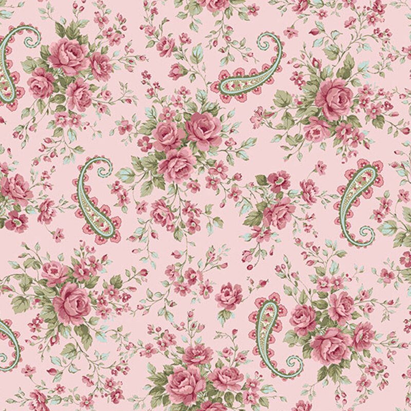 Soft pink fabric with scattered bunches of budding roses separated by floral green paisley designs, great for adding dimension to a quilt.