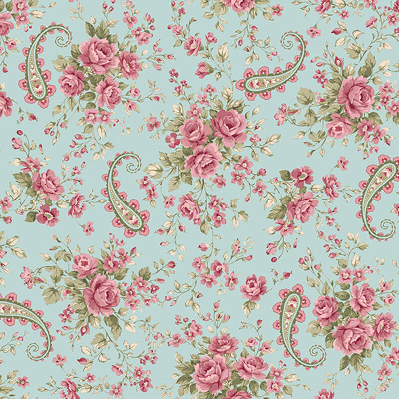 Light teal fabric with scattered bunches of budding roses separated by floral green paisley designs, great for adding dimension to a quilt.