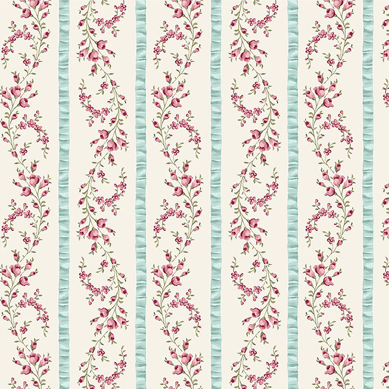 Cream fabric with vines of blooming roses separated by crimped light aqua stripes.