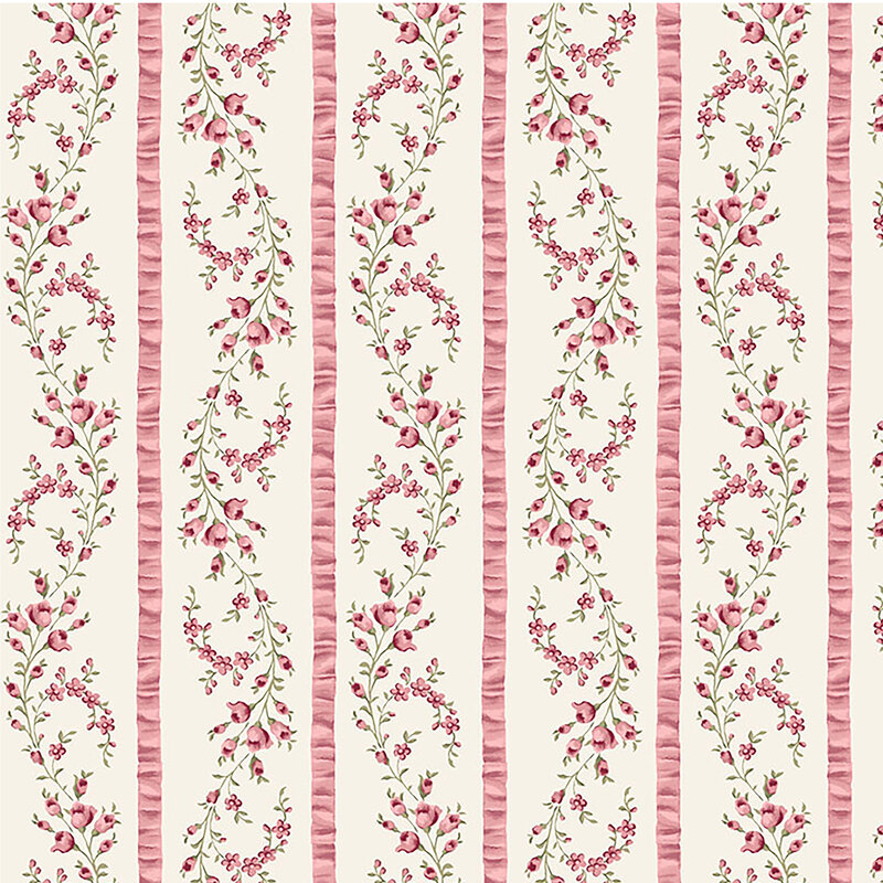 Cream fabric with vines of blooming roses separated by crimped soft pink stripes.