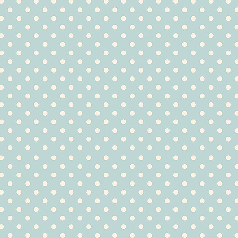 Light aqua fabric with a simple, soft cream polka-dot pattern.