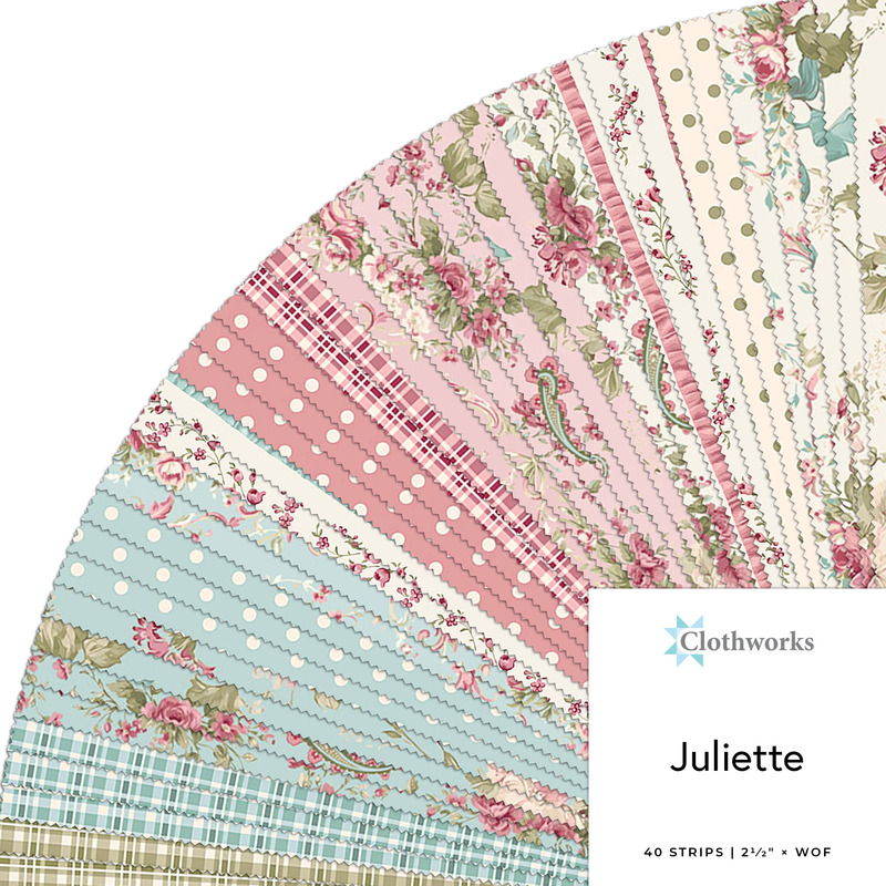 Collage of the 2.5" Strip Bundle from the floral Juliette fabric collection.