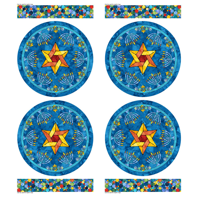 A blue Hanukkah themed fabric panel with instructions and patterns for making 4 placemats and napkin rings. 