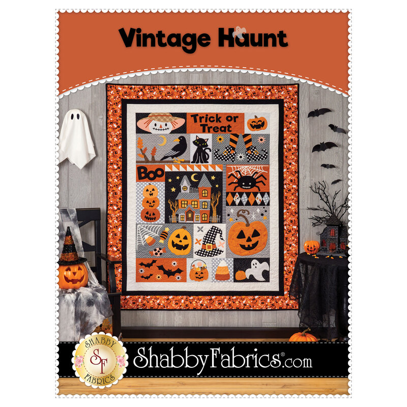 Front cover of the pattern showing the completed quilt, colored in orange, grey, and black.