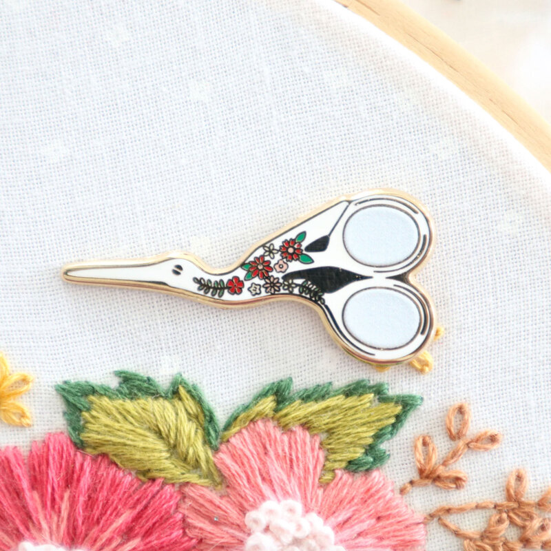 The Embroidery Scissors needle miner displayed on a hand embroidery project.