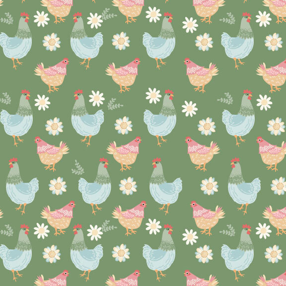alternating pattern of chickens and hens with scattered floral blooms and leaf sprigs on a dark sage background.