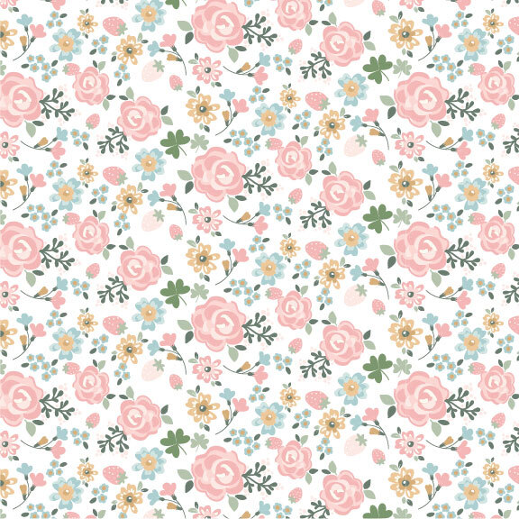 Pink, yellow, and blue florals with green stems and three leaf clovers scattered on a white background.