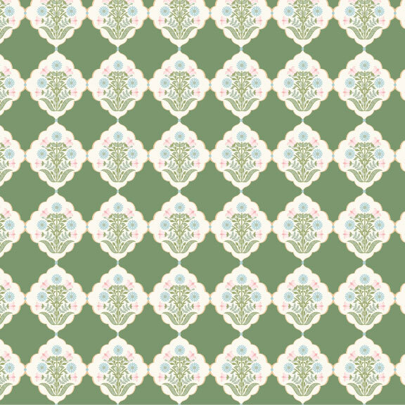 repeating damask pattern with blue and pink blossoms and elegant green stems on a dark sage background.