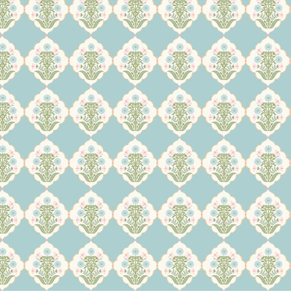 repeating damask pattern with blue and pink blossoms and elegant green stems on a light teal background.