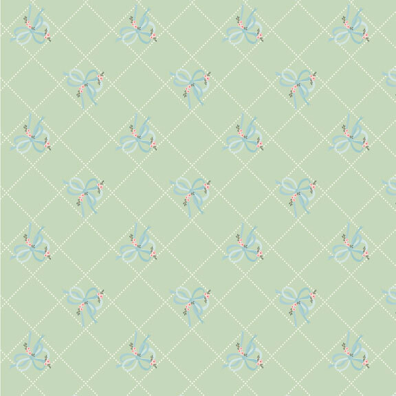 tea green fabric featuring blue bows intertwined with pink and green florals accented by a white dotted, diamond grid pattern 