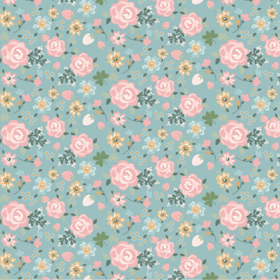 Pink, yellow, and blue florals with strawberries, green stems and three leaf clovers scattered on a light teal background.