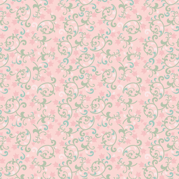 elegant scrolling vines in shades of green, white, and aqua with pink floral blooms on a blush pink background.