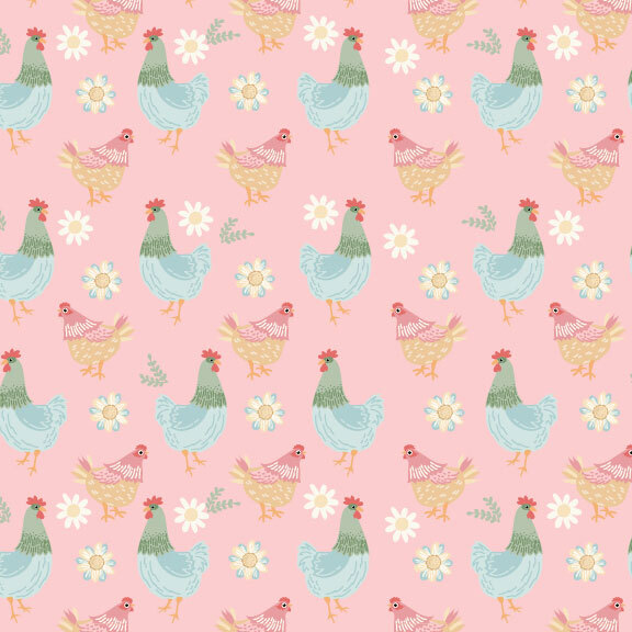 alternating pattern of chickens and hens with scattered floral blooms and leaf sprigs on a light pink background.