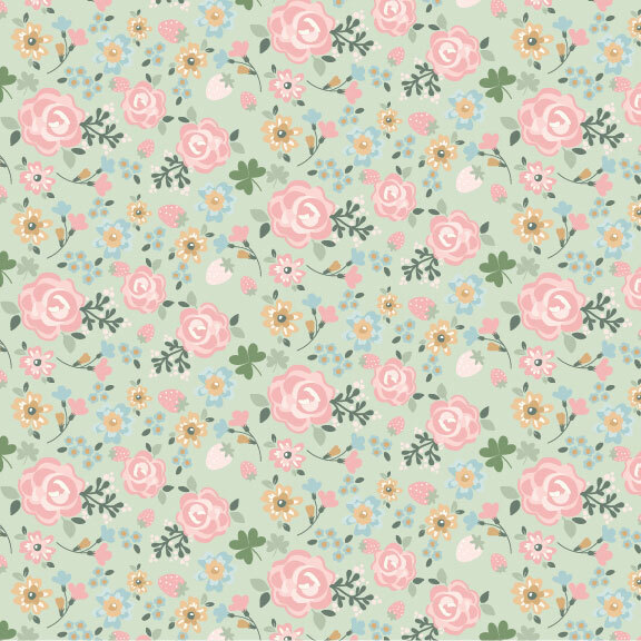 Pink, yellow, and blue florals with strawberries, green stems and three leaf clovers scattered on a pale sage background.