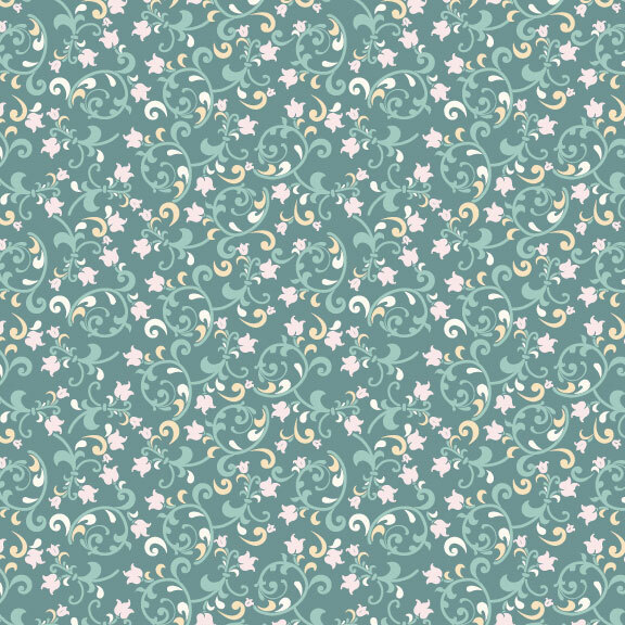 elegant scrolling vines in shades of teal, white, and butter with white floral blooms on a teal blue background.