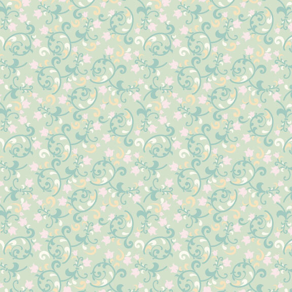 elegant scrolling vines in shades of teal, white, and cantaloupe with pale pink floral blooms on a pastel green background.